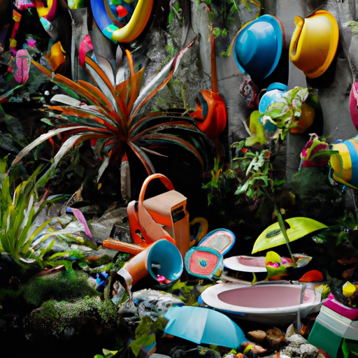 תמונה של גן עם אביזרים צבעוניים פרוסים