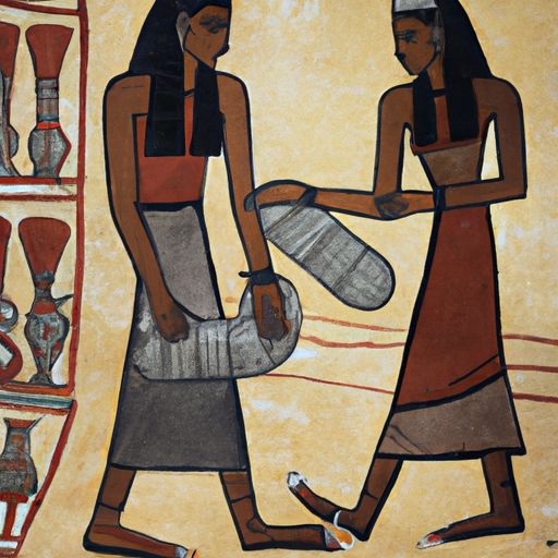 ציור קיר מצרי עתיק המתאר נשים לובשות גרסאות מוקדמות של כפכפים.